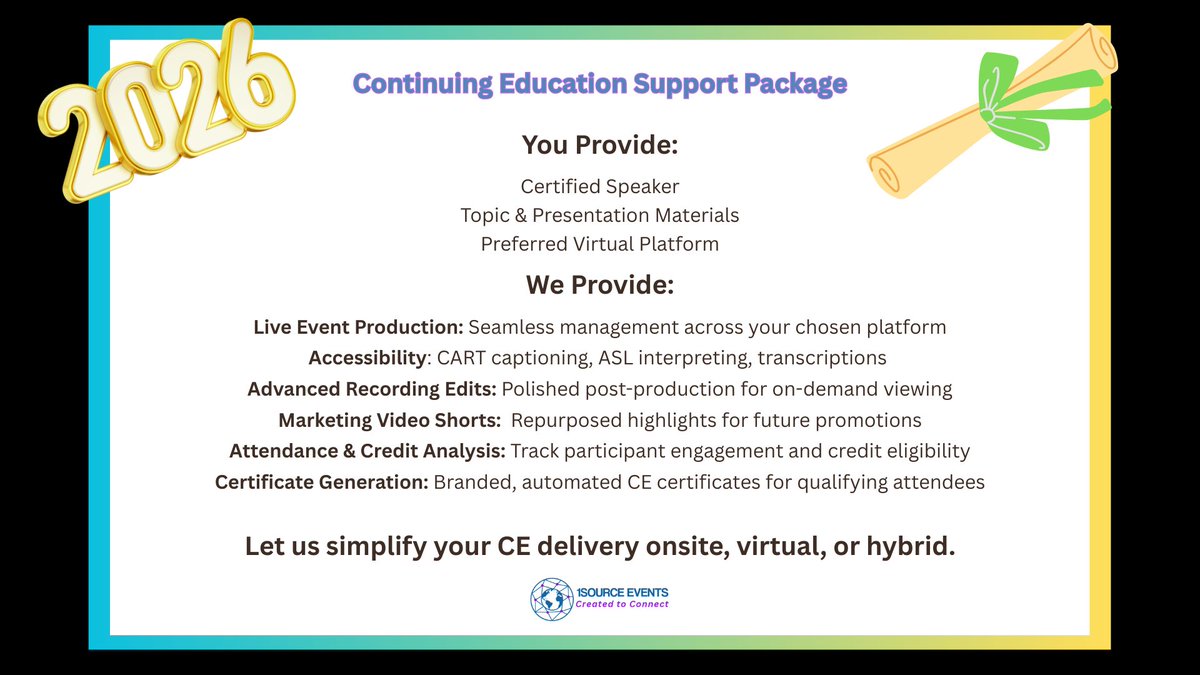 1Source_Events's tweet photo. After your CE event, we don’t just pack up—we dive into the data.

We analyze attendance, verify requirements, and deliver certificates to qualifying attendees.

From production to reporting, our CE Support Package makes it seamless.

#ContinuingEducation #EventSupport https://t.co/9EjN7peHxu