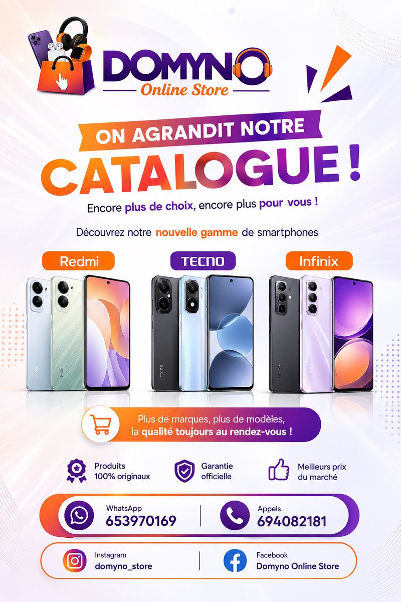 DomynoStore's tweet photo. DOMYNO S’AGRANDIT ! 🚀📱

Infinix, TECNO &amp; Redmi rejoignent désormais notre catalogue.

Et ce n’est pas tout… 👀

Retrouvez également une large gamme d’accessoires Oraimo disponibles en boutique.

Lien vers notre catalogue: https://t.co/U8ZyZyoz3u https://t.co/4fhYNj6XeN