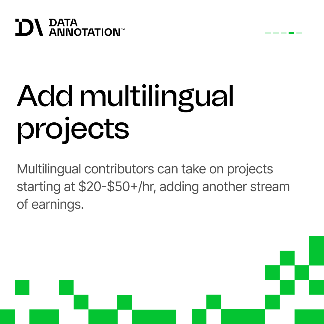 Data_Annotation's tweet photo. Want to earn more on DataAnnotation?

Swipe through for a quick guide to growing your earnings over time. https://t.co/IfiiTrotLe