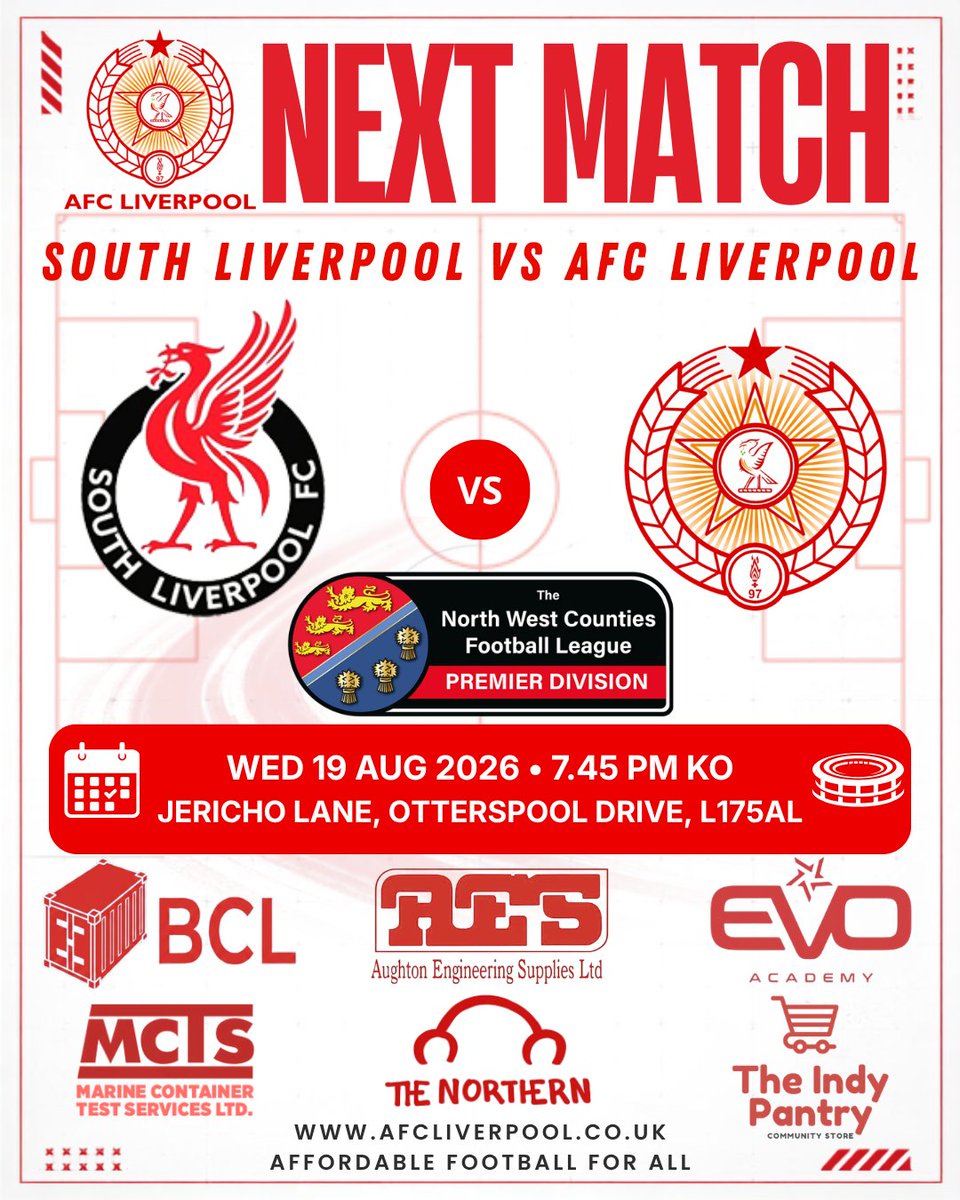AFCLiverpool's tweet photo. NEXT UP!
The Reds return to league action tomorrow night away at South Liverpool!

Join us at Jericho Lane for a midweek Derby!

🏟 Otterspool Drive, L17 5AL
🎟 £7 Adults, £4 Concessions, U16s free with a paying adult.
⌚️ 7.45pm KO https://t.co/vb57St3CEM