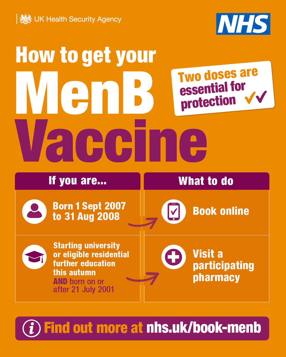 N_landCouncil's tweet photo. If you are heading off to Uni or residential further education for the first time, you may be eligible for the MenB vaccine.

Two doses of the MenB vaccine are essential for protection at least 28 days apart.

If you are eligible, book here https://t.co/DAJ2wtNLi9 https://t.co/c6zLdu2ORB