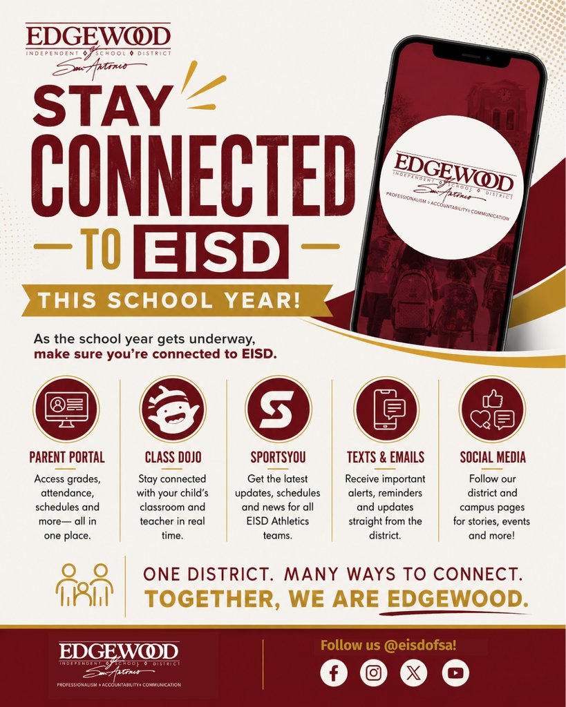 EISDMemorialHS's tweet photo. From the Parent Portal, to classroom communication through Class Dojo, to SportsYou for Athletics, District texts &amp; emails and our social media channels, we have multiple ways to keep families informed and engaged. https://t.co/vo0OgvuHCy