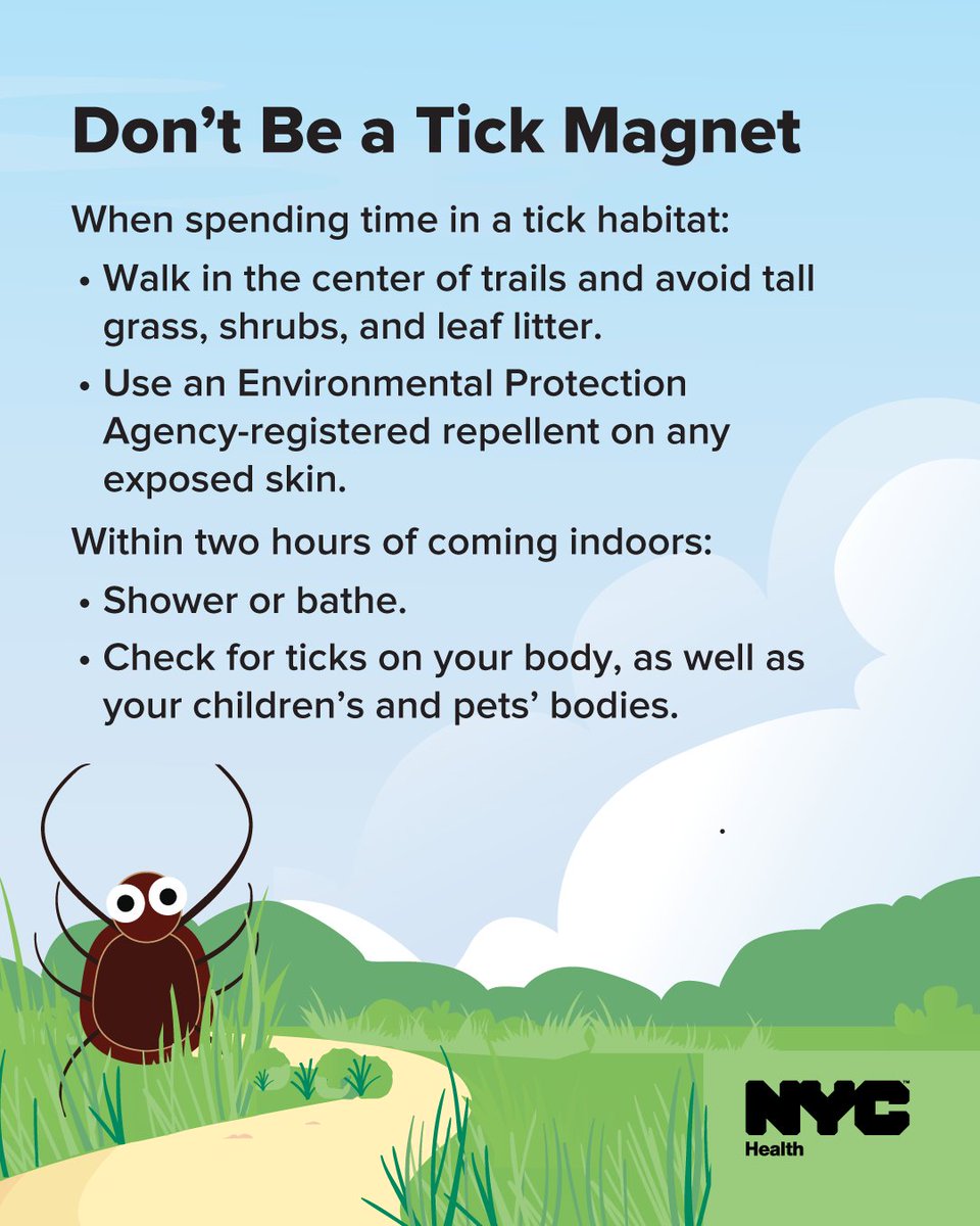 nycHealthy's tweet photo. Most NYC residents diagnosed with a tick-borne disease are infected while visiting grassy, wooded areas in upstate New York, Long Island or surrounding states. 

When spending time outdoors this summer, take steps to keep ticks from tagging along: https://t.co/My8V7BEiU2 ⬇️ https://t.co/JOU7Kgc3o2