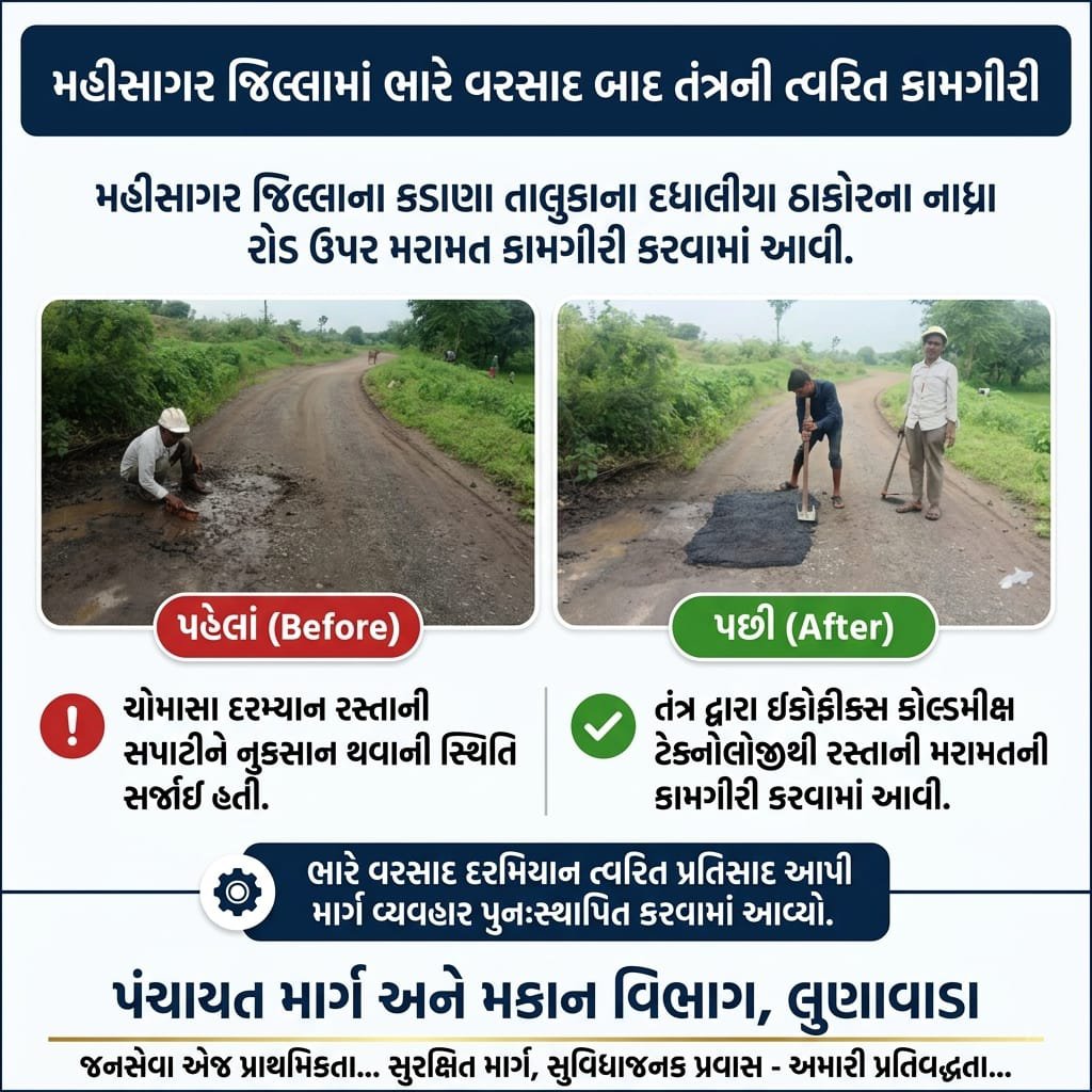 eepanrnbmahi's tweet photo. મહીસાગર જિલ્લાના કડાણા તાલુકાના દધાલિયા  ઠાકોરના નાધ્રા રોડ પર ઇકોફિક્સ કોલ્ડમિક્ષ મટીરિયલ ની મદદથી પેચવર્ક ની કામગીરી કરવામાં આવી. @DDOMAHISAGAR @infomahisagar @collectormahi @rnbgujarat https://t.co/MgE5ul030B