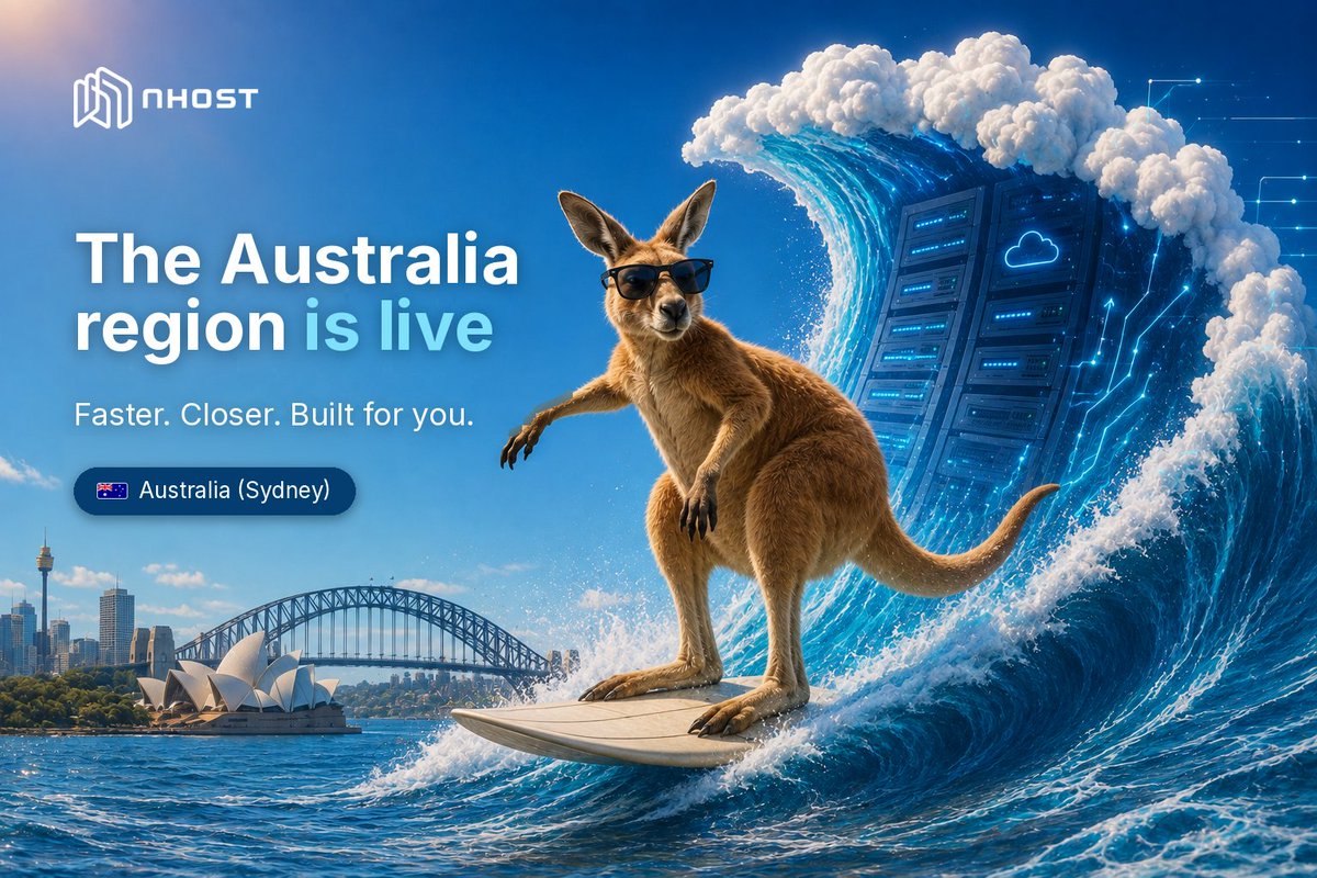 nhost's tweet photo. 🇦🇺 The Australia region is live!

Deploy closer to your users with Nhost’s new Sydney region.

Less latency, faster responses, happier users.

If your users are in Australia or APAC, your backend just moved a little closer. 🚀 https://t.co/Hxlt1A8gis