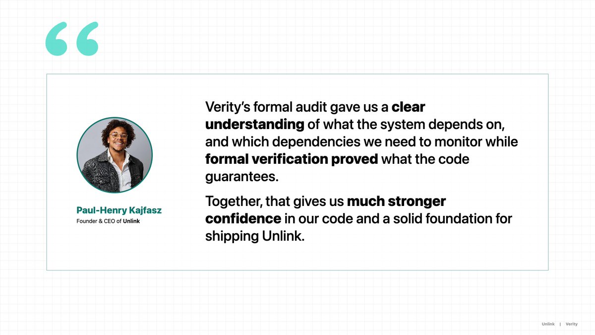 Veritylab's tweet photo. In our formal audits, we start by mapping the full system dependencies to then formally verify their smart contract.

For @unlink_xyz, this gave strong confidence in their contract plus a clear view of what their system depends on and needs monitoring going forward. https://t.co/KEO7qBAf5Y