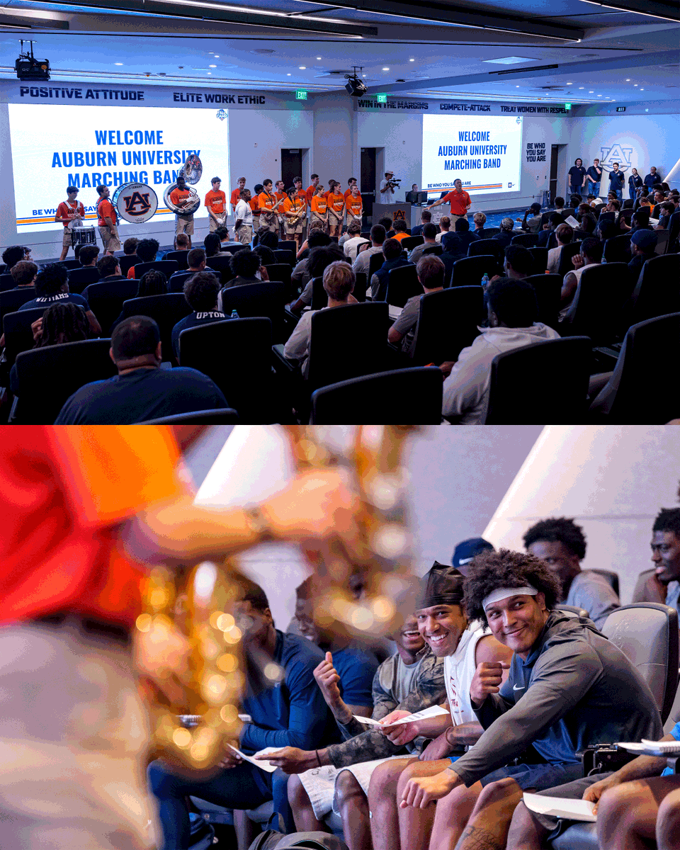 AuburnFootball's tweet photo. The guys are ready for Saturdays 🔥🔊

@auburnbands stopped by to teach the fight songs and brought the energy with them! 🦅 https://t.co/0OPw12dEAb