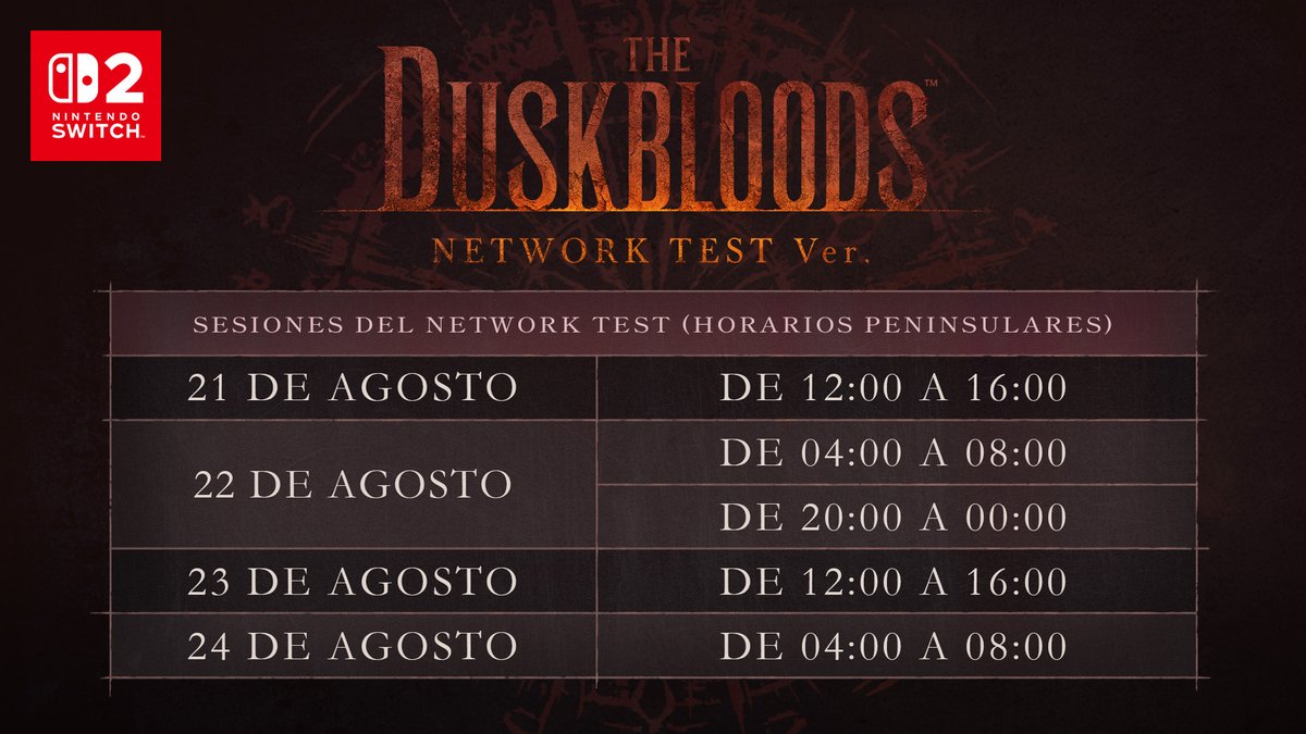 NintendoES's tweet photo. ¡Quienes vayan a participar en el evento ya pueden descargar e instalar la versión «Network Test Ver.» de The Duskbloods!

Basta con iniciar la sesión en el sitio web oficial para conseguir el código de descarga: https://t.co/huqTjgx328 https://t.co/PNRcoU3qDv