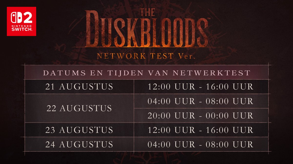 NintendoNL's tweet photo. Deelnemers kunnen nu The Duskbloods Network Test Ver. downloaden en installeren!

Log in op de website van de netwerktest om je downloadcode te krijgen: https://t.co/OzHeCkm9NM https://t.co/d6rBS5xvwr