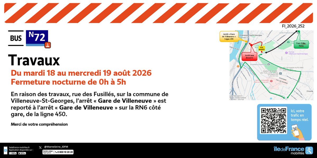 MarneSeine_IDFM's tweet photo. ⚠️#InfoTrafic #Travaux #Bus427 #N72
🗓️Du 18 au 19 août 2026 de 00h à 5h
🚧En raison de travaux
🚏Les arrêts : Garibaldi et Villeneuve-Saint-Georges RER ne seront pas interconnectés.
Report de l'arrêt VSG RER sur la RN6. https://t.co/6R9iqs764U