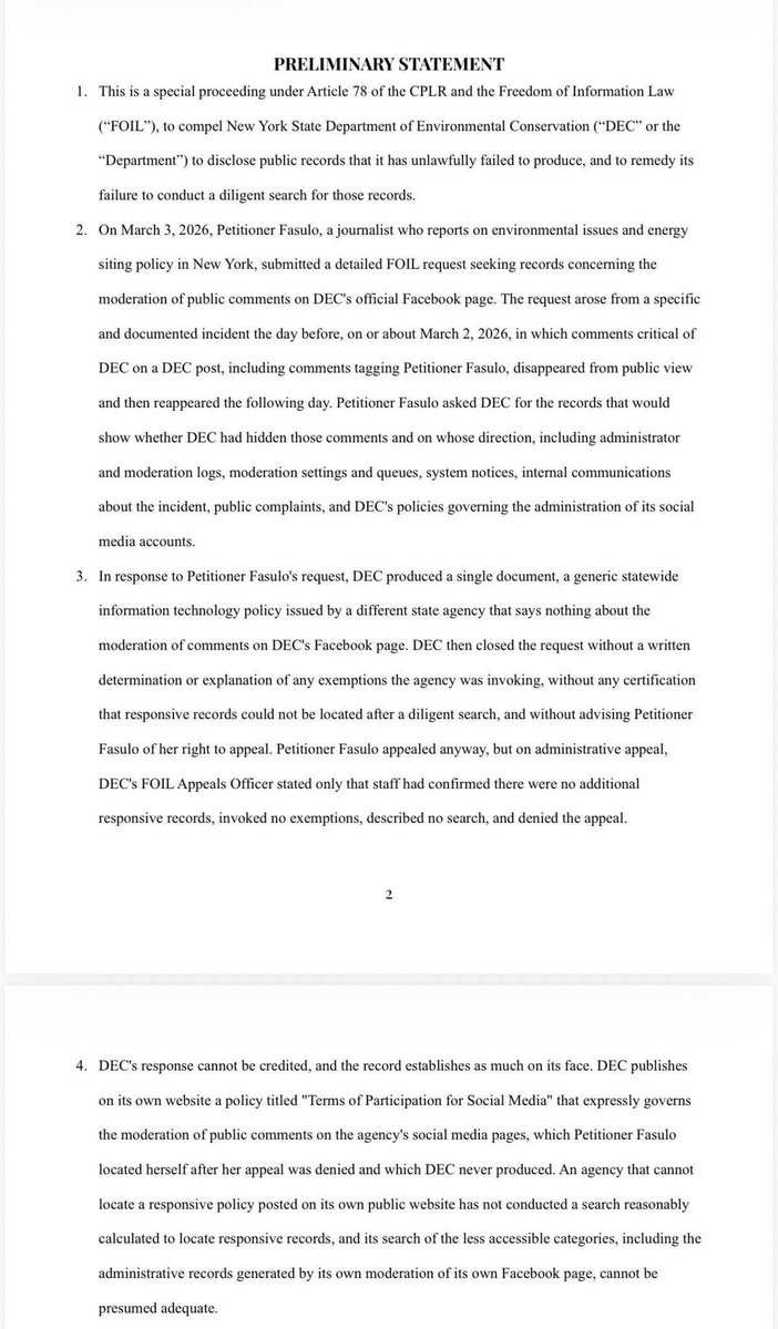 alex_fasulo's tweet photo. Hot off the press: we've filed our third lawsuit against New York State, this time the @NYSDEC and Commissioner Amanda Lefton.

This is a FOIL (Freedom of Information Law) Article 78 lawsuit against the DEC for failing to adequately answer a FOIL we submitted this past spring over the censorship of comments I left on the DEC's Facebook.

After comments were "hidden" from public view, later restored, I submitted a FOIL request seeking records including Facebook moderation logs, administrator actions, internal communications, public complaints, and DEC's policies governing social media moderation.

The DEC did not even remotely attempt to satisfy the FOIL request.

Our petition is asking the court to:
- Declare that DEC violated FOIL;
- Vacate DEC's administrative appeal determination;
- Order DEC to conduct and document a diligent search for all responsive records;
- Require production of all non-exempt records or a legally sufficient certification if records truly do not exist;
- Hold an evidentiary hearing regarding the adequacy of DEC's search; and
- Preserve all Facebook moderation records while the litigation is pending

When I started learning about ORES during October 2025, something jumped out immediately at me: a lack of transparency. That lack of transparency has been constant, with all NYS agencies, throughout the last 10-months.

I have watched countless agencies ignore, fail to answer, or skirt around responding to basic FOIL requests.

Why? They've been able to get away with this behavior for far too long. It's business as usual to them.

Not on our (American Land Rescue Fund) watch.

Thank you to everyone who has donated to the nonprofit thus far. We couldn't do this without you. I will link to it below.

This lawsuit marks our third official petition filed against NYS since the nonprofit was formed September 2025. Not too shabby! 

This case's index number: 909690-26.