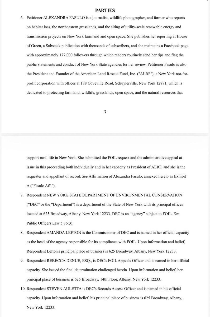 alex_fasulo's tweet photo. Hot off the press: we've filed our third lawsuit against New York State, this time the @NYSDEC and Commissioner Amanda Lefton.

This is a FOIL (Freedom of Information Law) Article 78 lawsuit against the DEC for failing to adequately answer a FOIL we submitted this past spring over the censorship of comments I left on the DEC's Facebook.

After comments were "hidden" from public view, later restored, I submitted a FOIL request seeking records including Facebook moderation logs, administrator actions, internal communications, public complaints, and DEC's policies governing social media moderation.

The DEC did not even remotely attempt to satisfy the FOIL request.

Our petition is asking the court to:
- Declare that DEC violated FOIL;
- Vacate DEC's administrative appeal determination;
- Order DEC to conduct and document a diligent search for all responsive records;
- Require production of all non-exempt records or a legally sufficient certification if records truly do not exist;
- Hold an evidentiary hearing regarding the adequacy of DEC's search; and
- Preserve all Facebook moderation records while the litigation is pending

When I started learning about ORES during October 2025, something jumped out immediately at me: a lack of transparency. That lack of transparency has been constant, with all NYS agencies, throughout the last 10-months.

I have watched countless agencies ignore, fail to answer, or skirt around responding to basic FOIL requests.

Why? They've been able to get away with this behavior for far too long. It's business as usual to them.

Not on our (American Land Rescue Fund) watch.

Thank you to everyone who has donated to the nonprofit thus far. We couldn't do this without you. I will link to it below.

This lawsuit marks our third official petition filed against NYS since the nonprofit was formed September 2025. Not too shabby! 

This case's index number: 909690-26.