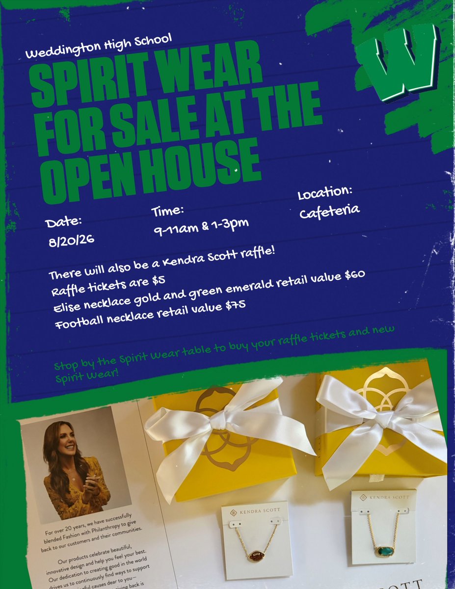 WHSwarriors's tweet photo. Weddington Spirit Wear will be on sale at Thursday's Open House event! You can also purchase a raffle ticket to win one of the two Kendra Scott necklaces. @AGHoulihan @UCPSNC @UCPSNCAthletics @WeddingtonHSNC 
@NASAthleticZone https://t.co/GyvFPSLtrX