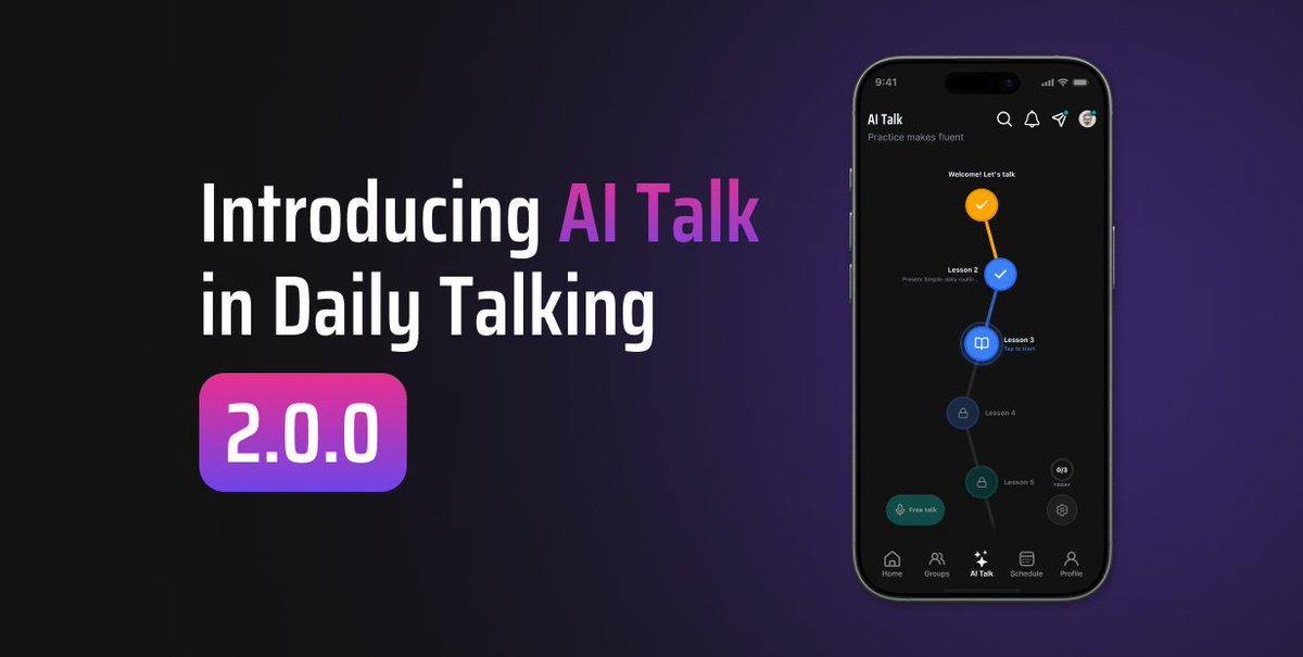 DailyTalkingApp's tweet photo. 🎉 Daily Talking 2.0 is here!

Meet AI Talk: A new way to practice speaking, whenever you have a few minutes.

✨ 3-minute speaking lessons
🎯 Lessons that adapt to your level & goals as you practice
💬 Free Talk when you just want to speak
💡 Hints, translations & feedback when you need support

Practice with AI, then take it into real conversations. 👥

See what’s new 👇
https://t.co/4SOMkvHou4

#DailyTalking #LearnEnglish