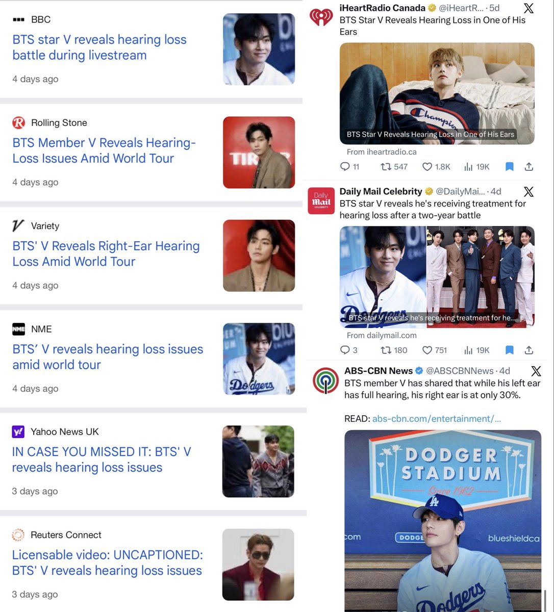 fatherhyungs's tweet photo. the news of taehyung’s hearing loss was reported by so many big media/news outlets, these are some of them. i hope tae knows how much everybody appreciates him sharing this with us 🫶 https://t.co/2yDDdJExns