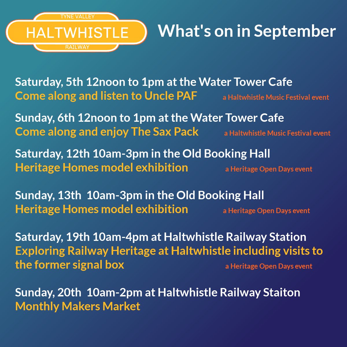 TVCRP's tweet photo. Here are several reasons to visit #Haltwhistle this September #musicfestival @heritageopenday #localcrafts.  Hop on the #train, explore and enjoy https://t.co/7fo0Bro22I
