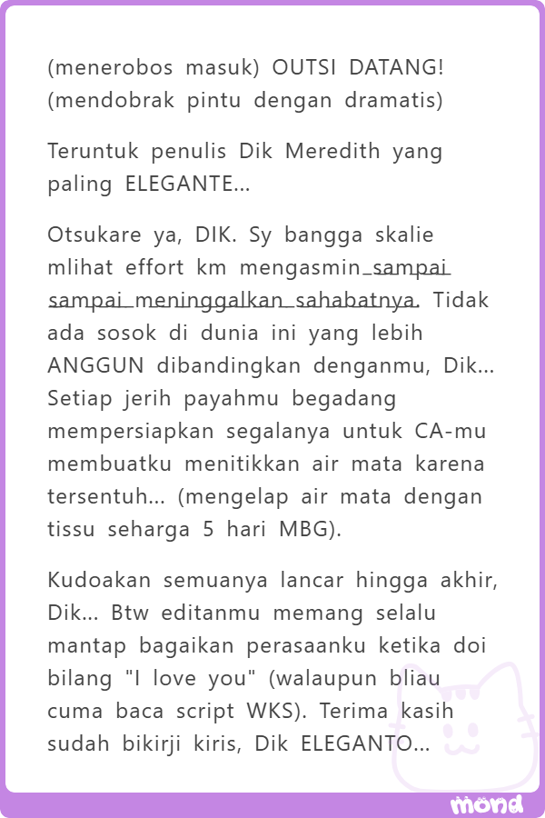 eienniloveyou's tweet photo. Banyak juga pesan-pesan buat km yh @ Aurelian, Cass, dan Raya.

Ya Tuhan ada outsi, lariiii!! 🏃‍♀️💨 Buat outsi itu, terima kasih yaaa udah puji-puji Meye gini padahal aslinya km muntah-muntah kan dengan pujianmu sendiri? ;3 https://t.co/RwQyhMjmic
