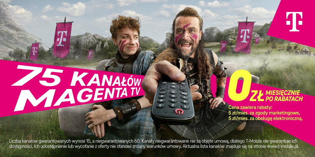 TMobilePolska's tweet photo. Telewizja dla każdego? Od dziś w T-Mobile! 📺💗  

Udostępniamy MagentaTV dla abonentów wszystkich sieci: 
✅ 75 kanałów za 0 zł/mies.(po rabatach: 5 zł za zgody marketingowe i 5 zł za obsługę elektroniczną)
✅ Bez zmiany operatora i skomplikowanych formalności 
✅ Dostęp w aplikacji w 3 minuty   

1️⃣ Pobierz aplikację MagentaTV na Smart TV, telefon, tablet lub komputer  
2️⃣ Zaloguj się  
3️⃣ Gotowe! 🍿  

Szukasz szerszej oferty? 👉 Sprawdź nasze nowe pakiety: MIDI i MAXI!  

Więcej informacji 👉 https://t.co/bqVog0yOXE