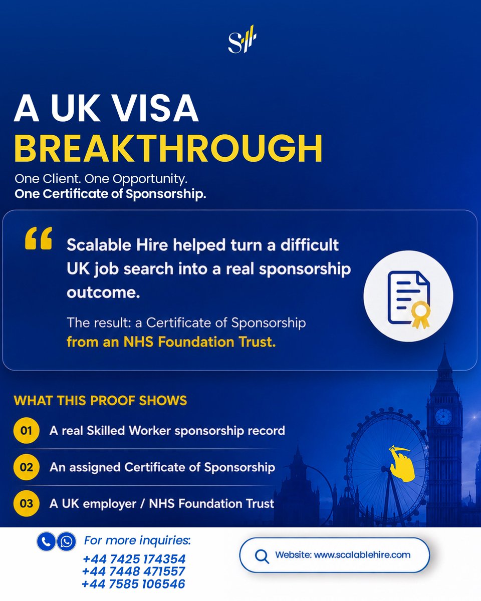 Scalablehire's tweet photo. THE PROOF YOU'VE BEEN ASKING FOR 📄🇬🇧

A testimonial is stronger when there is proof behind it.

Swipe to see real Certificates of Sponsorship assigned to our clients by UK NHS Foundation Trusts.

Stop sending 100s of applications that get ignored.

Let's support you to:
✅ Get seen by employers licensed to sponsor
✅ Get matched to roles that fit your skills
✅ Get expert guidance to secure a CoS from UK employers licensed to sponsor

This could be you next.

SHARE with someone who needs to see this.

Comment *"READY"* and our team will reach out to support you.