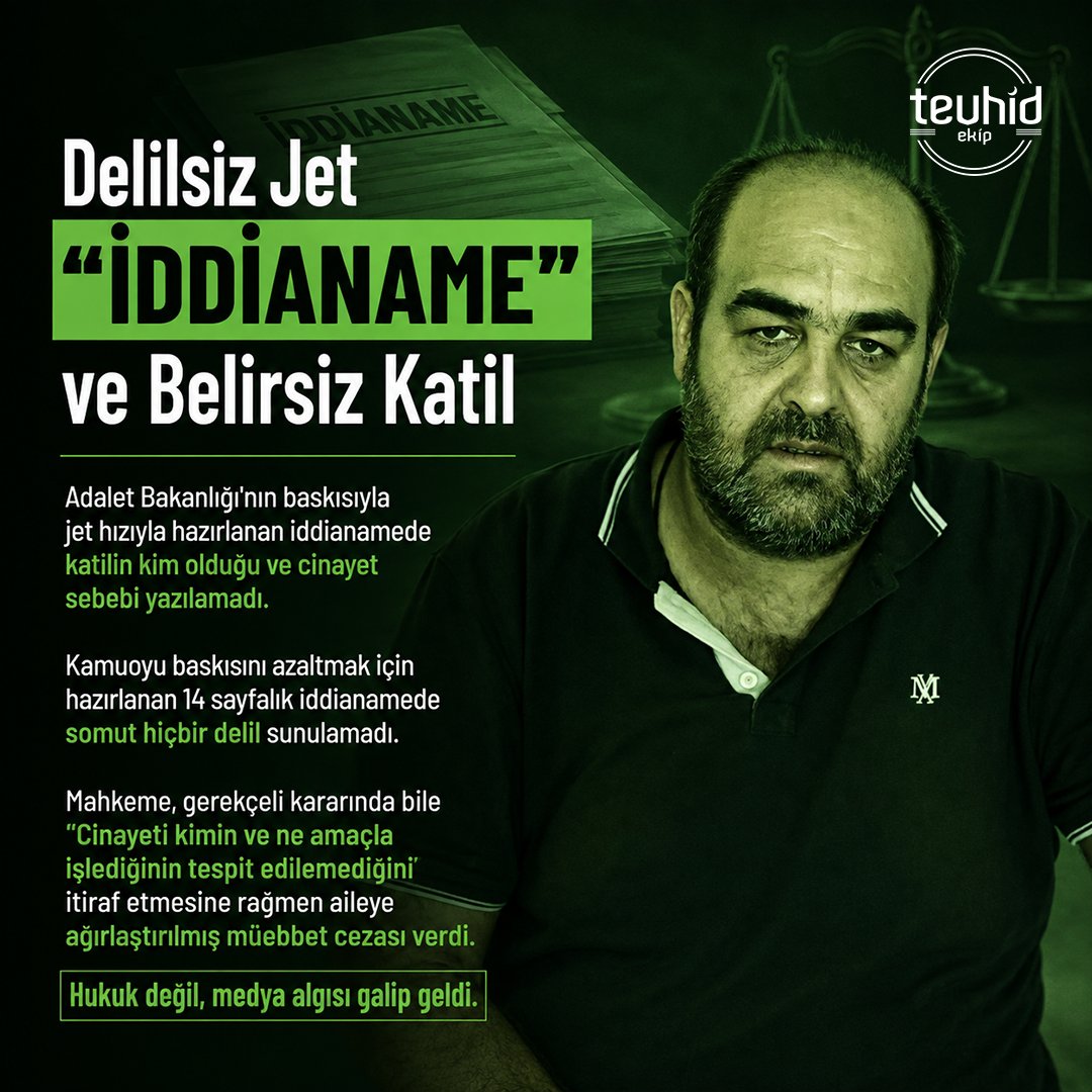 _tevhidekip's tweet photo. Adalet Bakanlığı'nın baskısıyla jet hızıyla hazırlanan iddianamede katilin kim olduğu ve cinayet sebebi yazılamadı. 

Kamuoyu baskısını azaltmak için hazırlanan 14 sayfalık iddianamede somut hiçbir delil sunulamadı. Mahkeme, gerekçeli kararında bile "Cinayeti kimin ve ne amaçla işlediğinin tespit edilemediğini" itiraf etmesine rağmen aileye ağırlaştırılmış müebbet cezası verdi. Hukuk değil, medya algısı galip geldi. 
 
#Şeytantepe