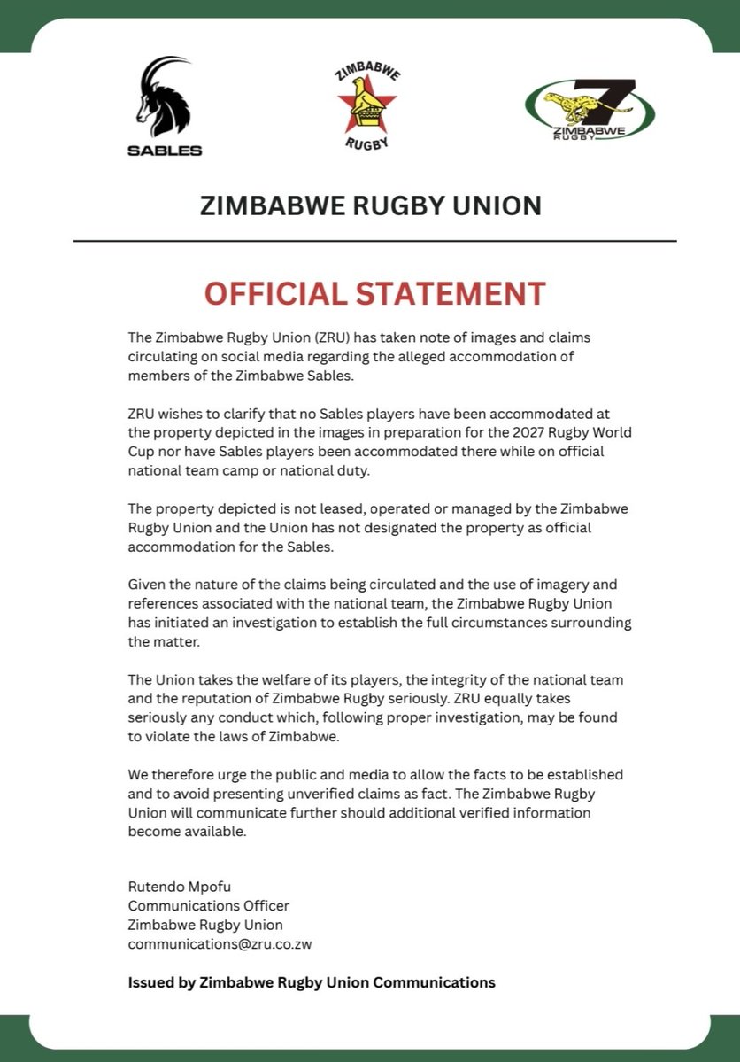ZimRugbyZW's tweet photo. OFFICIAL STATEMENT 📌 https://t.co/VSW2u7MyYn