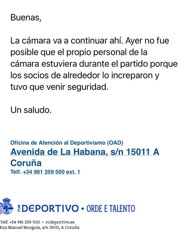 planeteiro3's tweet photo. 🙄😡 Suma y sigue, un episodio más de maltrato al aficionado por parte del club

Según me habeis hecho llegar varios por DM, ayer en Riazor ocurrió una situación esperpéntica y de la que el club no avisó para nada.

Se instaló una cámara de LaLiga en el medio de Preferencia Superior, eliminando asientos sin aviso previo a los abonados correspondientes e impidiendo la visión en un sector donde el carnet cuesta cerca de los 800€.

Según algunos testimonios, parece que el operario de LaLiga en cuestión se habría puesto chulito, increpando a los aficionados deportivistas de la zona aledaña.

No contentos con todo eso, desde el club han enviado varios correos de respuesta a algunos abonados, de malas formas y respondiendo con presuntas mentiras, asegurando que los aficionados increparon al operario, yo no sé que pasó exactamente, pero por lo que me habeis contado varios seguidores, podría haber ocurrido lo contrario a lo que asegura el club