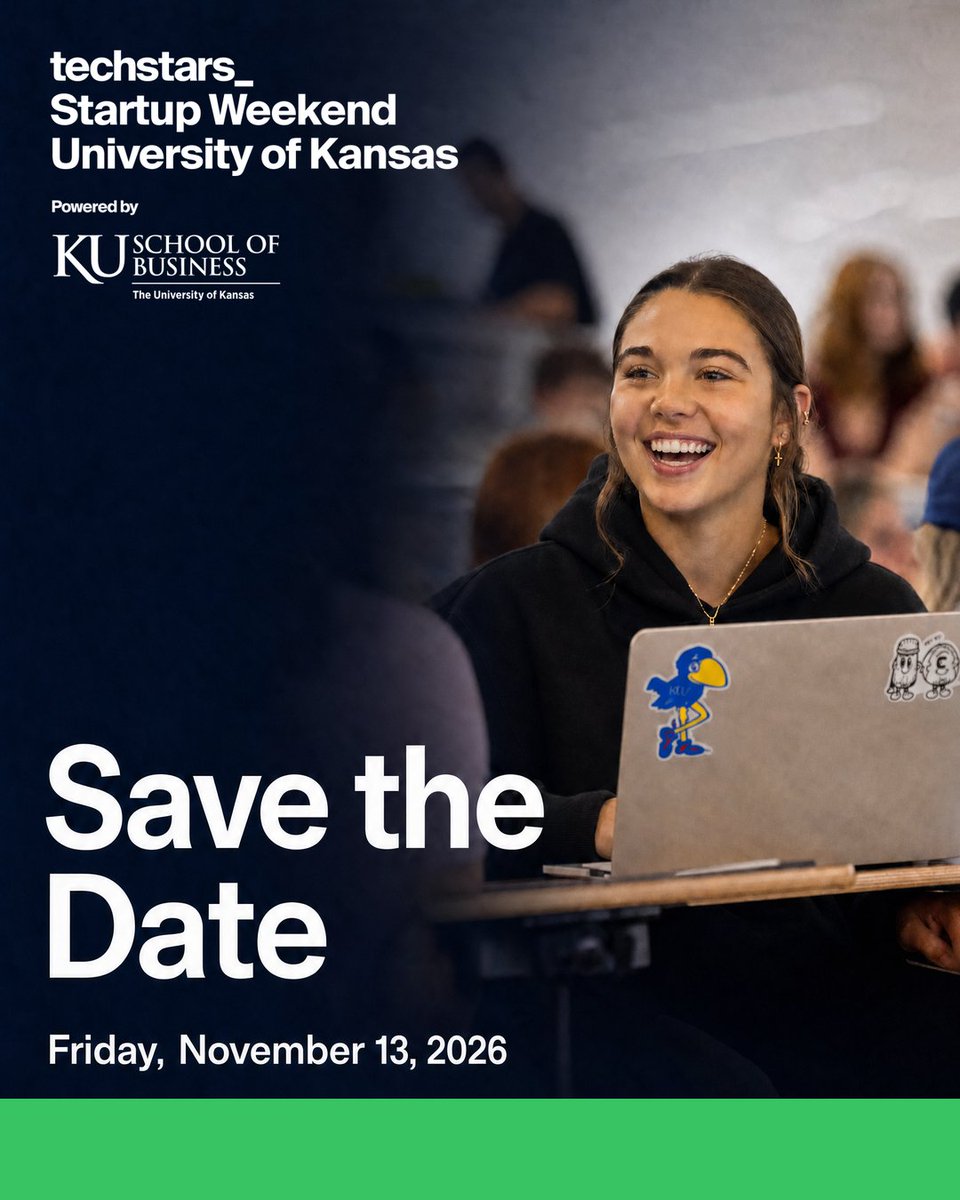 StartupWeekend's tweet photo. 🌟 Save the date! 
Techstars Startup Weekend KU is coming November 13–15. In one action-packed weekend, you’ll meet collaborators, explore ideas, learn from experienced mentors, and build toward a final pitch. Registration opens on August 17.
#Techstars #StartupWeekend #UniversityOfKansas #KUInnovation #Jayhawks #Entrepreneurship