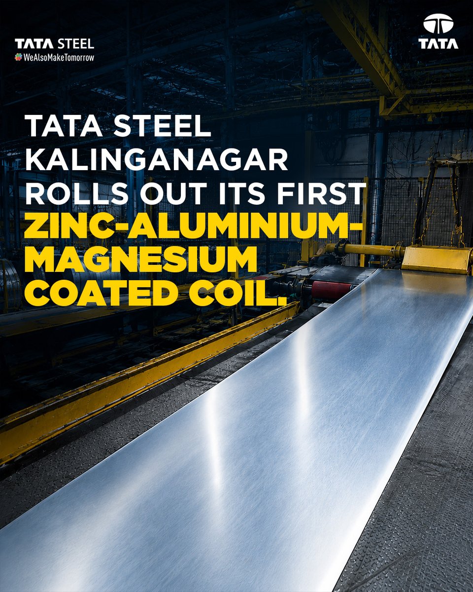 TataSteelLtd's tweet photo. The next step in steel innovation.

Tata Steel Kalinganagar has rolled out its first Zinc-Aluminium-Magnesium coated coil, bringing advanced coating technology for higher corrosion resistance, better protection at cut edges and a longer service life compared to conventional galvanised steel.

Built for solar, agriculture, construction and infrastructure, this is steel built for tomorrow.

#TataSteel #WeAlsoMakeTomorrow #Kalinganagar #SteelInnovation