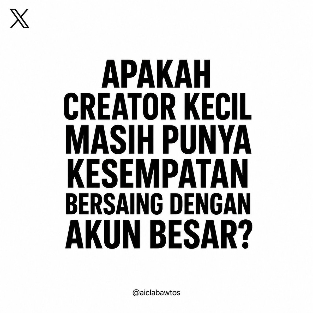 aiclabawtos's tweet photo. Menurut gw creator kecil masih punya peluang buat bersaing sama akun besar.
Memang akun besar punya followers dan jangkauan yang lebih luas, tapi bukan berarti akun kecil nggak bisa berkembang.
Kalau konsisten bikin konten, aktif #jbjb , dan terus belajar, pelan" akun kita juga bisa tumbuh.
Menurut kalian creator kecil masih punya peluang nggak?
