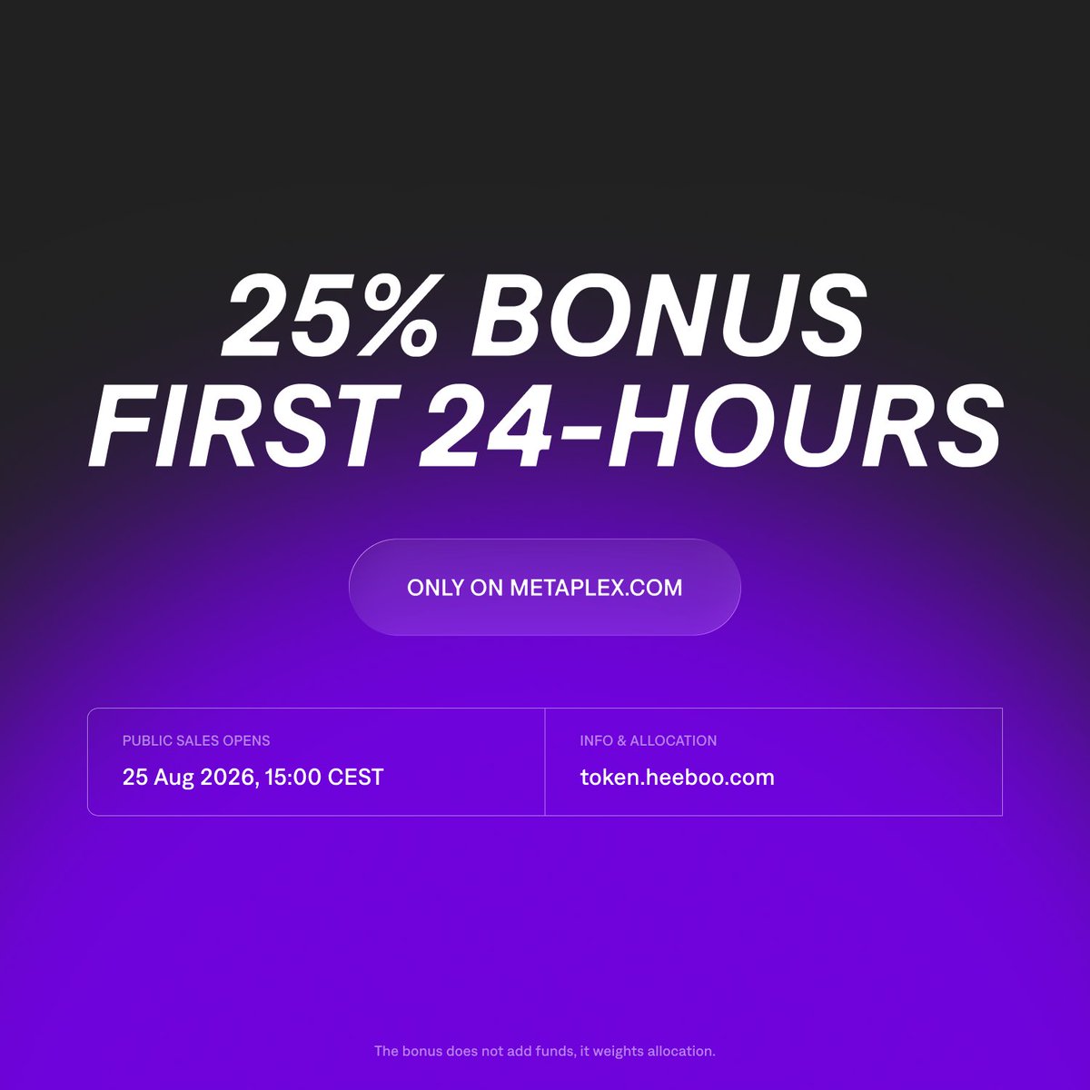 HeebooOfficial's tweet photo. GET A 25% $HEEBOO PURCHASE BONUS IN THE FIRST 24 HOURS

48-hour Public Sale starts in one week - August 25 2026.  

TGE on @solana. Powered by @metaplex https://t.co/DqQW4uFl80