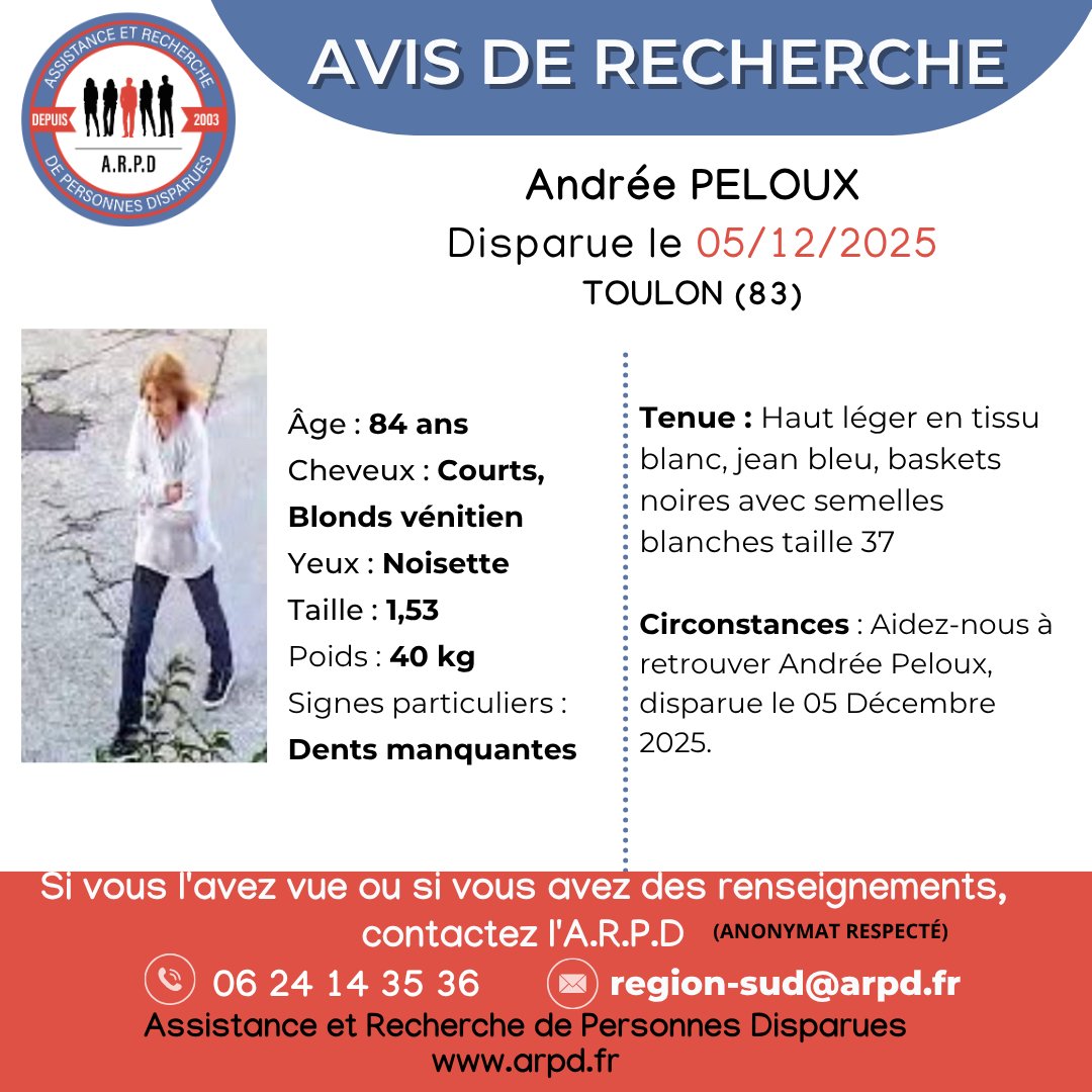 arpd_fr's tweet photo. AVIS DE RECHERCHE - Dossier ARPD
Andrée PELOUX, 84 ans, est portée disparue depuis le 5 décembre 2025
Merci de contacter l'ARPD :
📞 06 24 14 35 36 - 📧 region-sud@arpd.fr
🙏 Merci de partager au maximum
https://t.co/RBobYnoXoW
#ARPD https://t.co/HEqMQUTQ7r