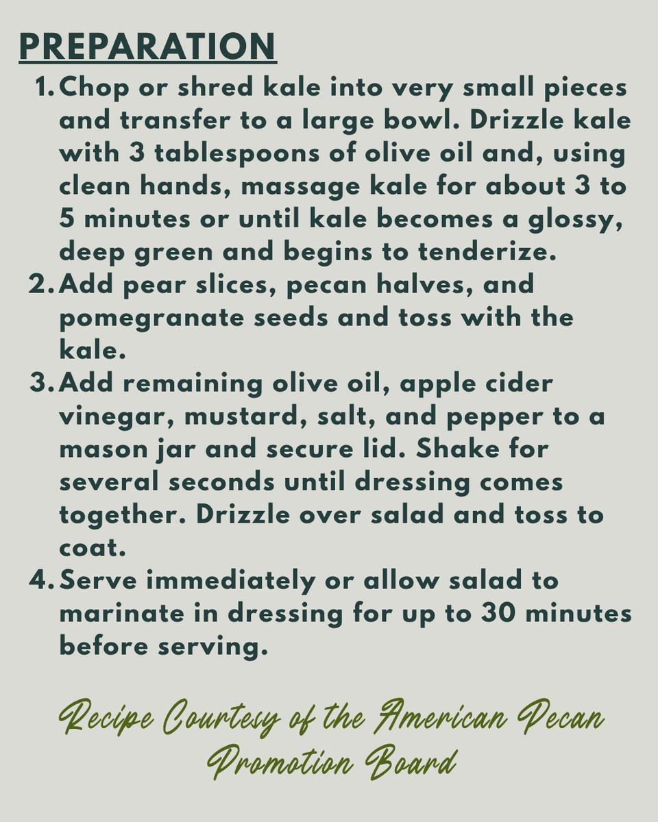 GPGA_'s tweet photo. Try this  Pecan, Pear, Pomegranate Kale Salad for a quick and easy lunch. We promise it won't disappoint!

#EatMorePecans https://t.co/hUfbD71QJR