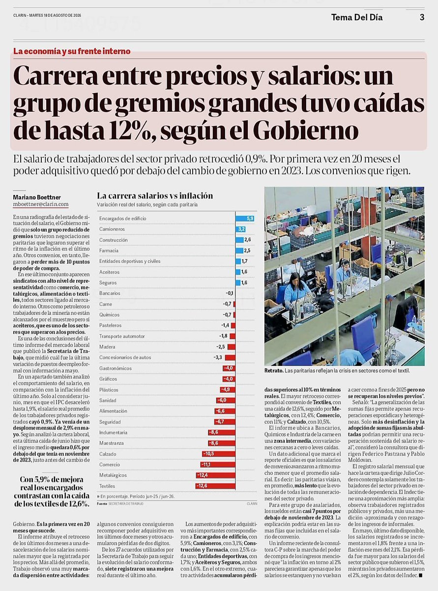 Sergio_OrtizOk's tweet photo. La pregunta es muy sencilla: ¿vieron la tapa de Clarín  de hoy?

¿El secretario general @Cavalieri_SEC y el subsecretario general @CarlosPerezSEC se estarán preguntando si fue acertado firmar una paritaria del 5,7%, cuando los propios datos publicados señalan una pérdida del 11,1% del salario 
real de los trabajadores de Comercio?

Y la situación es todavía más grave para miles de trabajadores que no tienen una jornada completa: compañeros y compañeras que trabajan 6, 5 o 4 horas, como ocurre en call centers, supermercados y otros sectores. Cuando el salario ya no alcanza, cada hora menos de trabajo profundiza todavía más la pérdida del poder adquisitivo.

Entonces, la pregunta es inevitable:

¿No se cuestionan la paritaria que firmaron?

¿Realmente creen que vender beneficios alcanza para compensar esta situación, cuando al trabajador se le descuenta un 2,5% de su salario para sostenerlos?

No se trata de vender beneficios como método de campaña. Se trata de pelear una paritaria digna.

Porque mientras cierran comercios, se pierden puestos de trabajo y el salario no alcanza para llegar a fin de mes, los trabajadores necesitan una conducción que los escuche y que salga a defenderlos.

Eso se hace con lucha, organización, delegados en todas las empresas y asambleas de delegados para conocer de primera mano lo que viven nuestros compañeros y compañeras.

Muchachos: hay que pelear por un salario digno.

Como lo viene planteando nuestra candidata a Secretaria General @sabriparedessec primero están los trabajadores, su salario y su dignidad.