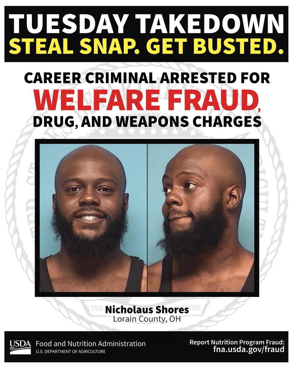 SecRollins's tweet photo. 🚨 TUESDAY TAKEDOWN 🚨

The days of dangerous criminals exploiting SNAP and getting endless passes are OVER.

This repeat offender with at least a DOZEN arrests in the past ten years is back behind bars… now facing charges including drug trafficking, illegal possession of a weapon, and three counts of illegally using food assistance benefits.

Programs like SNAP exist to help families put food on the table — NOT to be exploited by criminals. @USDA is intensifying our work to protect program integrity, safeguard taxpayer dollars, and support law enforcement in getting dangerous individuals OFF our streets.

Crooks can run, but @USDA_FNA is closing in.🚔