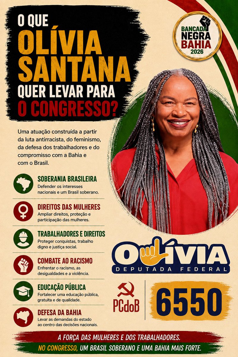 BancadaNegraBA's tweet photo. A Bancada Negra Bahia reconhece:
OLÍVIA SANTANA 
Candidata a deputada federal  pelo PCdoB da Bahia https://t.co/NGB9Ocmyoh