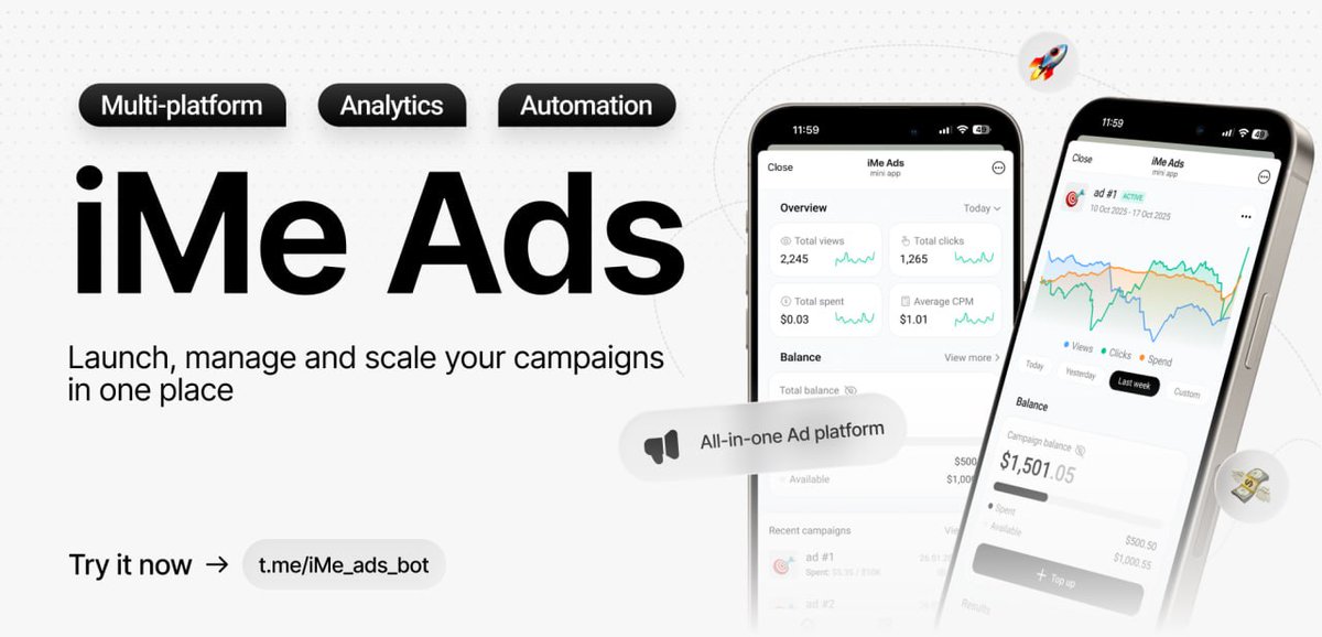 iMePlatform's tweet photo. Telegram growth just got a serious upgrade. 

Meet iMe Ads — a self-service ad platform that lets you promote your Telegram channel, bot, or Mini App to 10M+ iMe users.

No agency.
No manager.
No contracts.
Launch in 5 minutes. #iMeAds

https://t.co/6CksB0IWQ0