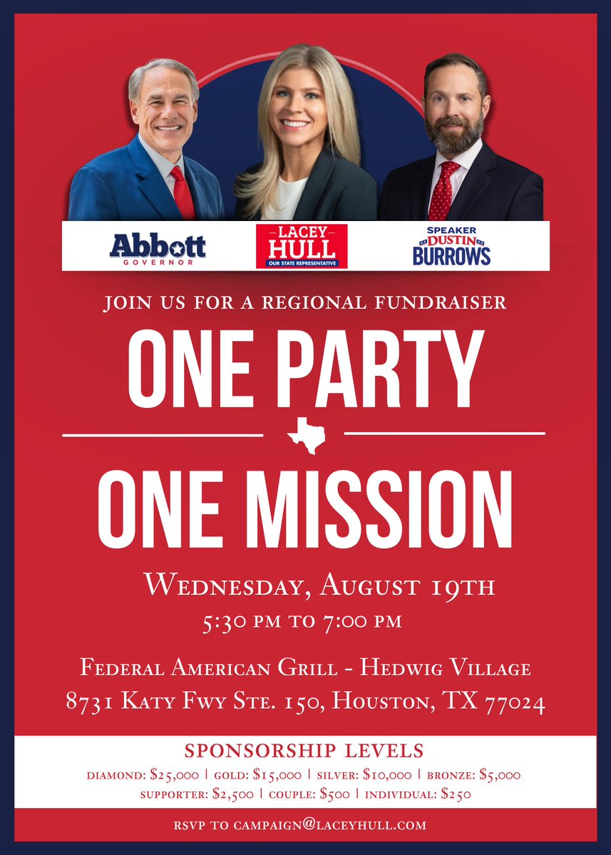 LaceyHullTx's tweet photo. I’d love for you to join me tomorrow evening at my fundraiser for my re-election to be your State Representative!

I’m honored to be joined by Governor Greg Abbott and Speaker Dustin Burrows for this special evening, with many members of Houston’s delegation also in attendance.

Wednesday, August 19 | 5:30–7:00 p.m.

Federal American Grill – Hedwig Village
8731 Katy Fwy., Suite 150, Houston

Please RSVP: https://t.co/kqtT9KDJnQ