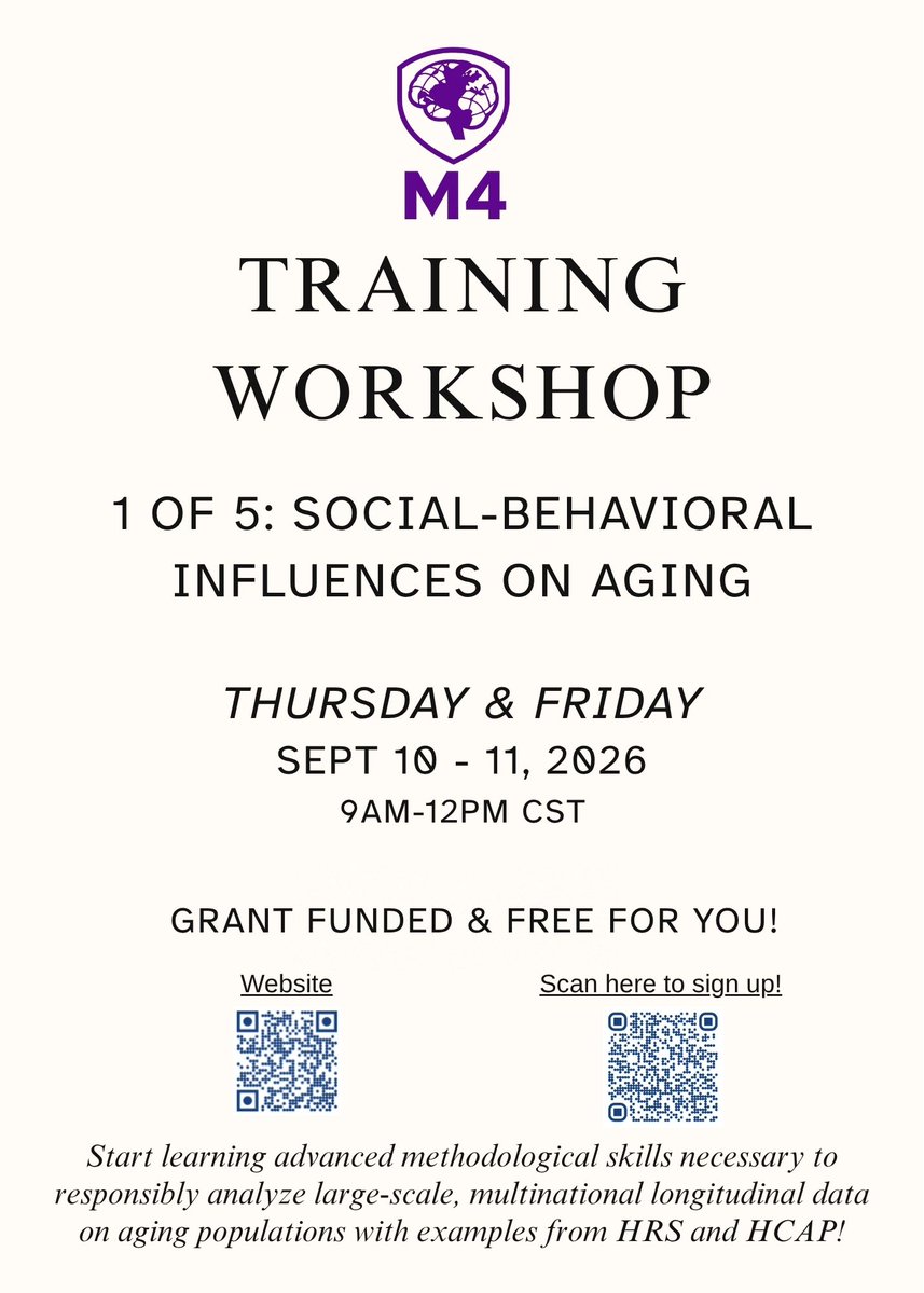 NIHToolbox's tweet photo. (1/2) Free, grant-funded training for aging researchers:

M4 Workshop 1 of 5 covers Social-Behavioral Influences on Aging using HRS and HCAP data. Sept 10–11, 2026 | 9AM–12PM CST. Spots are limited.

#NIHToolbox #Aging #ResearchMethods #HRS #HCAP https://t.co/or0dkMWu5R