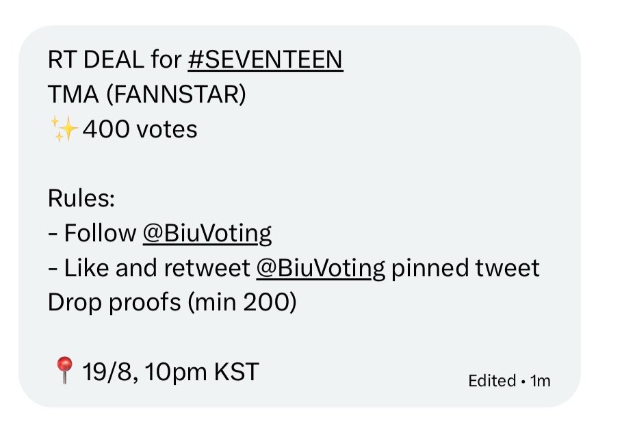 haocattos's tweet photo. RT DEAL for #SEVENTEEN
TMA (FANNSTAR)
✨400 votes

Rules: 
- Follow @BiuVoting
- Like and retweet @BiuVoting pinned tweet 
Drop proofs (min 200) 

📍19/8, 10pm KST https://t.co/FobpnAEa5j