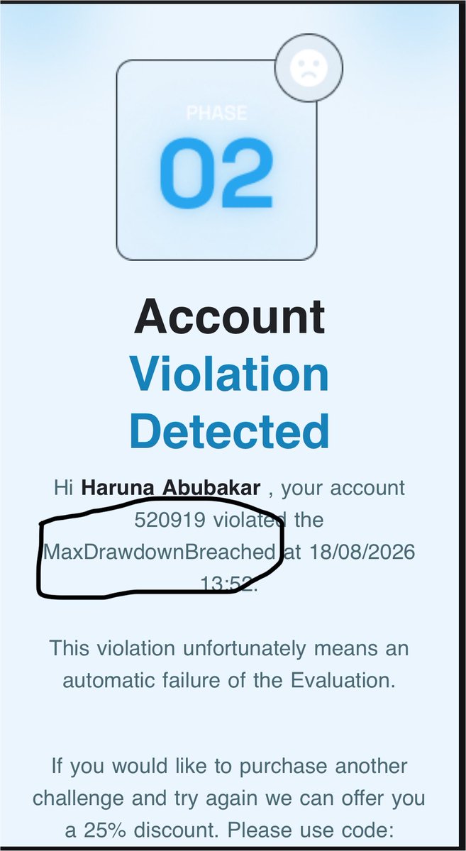 BahnaFX's tweet photo. Phase 2 is gone.

Account 520919 hit the maximum drawdown and the journey ended there.

It hurts, but this is part of the journey. I’ll take the lesson, reset, and come back stronger.

Still learning. Still improving. Still believing. 🤍

@seanbaint @BlueGuardiancom @BouterFx https://t.co/fFtEEvsDZU
