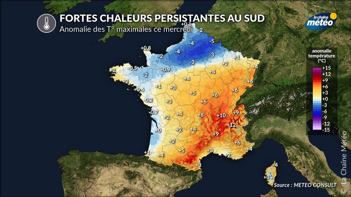 lachainemeteo's tweet photo. 🌡️🥵📉 Ce mercredi, un sacré contraste de températures est attendu dans le sud et l'extrême nord. Nous serons largement au-dessus des normales de saison au sud-est, tandis que sous les averses nous repasserons en dessous au nord de la Seine. #chaleur https://t.co/j780a0Gpxs