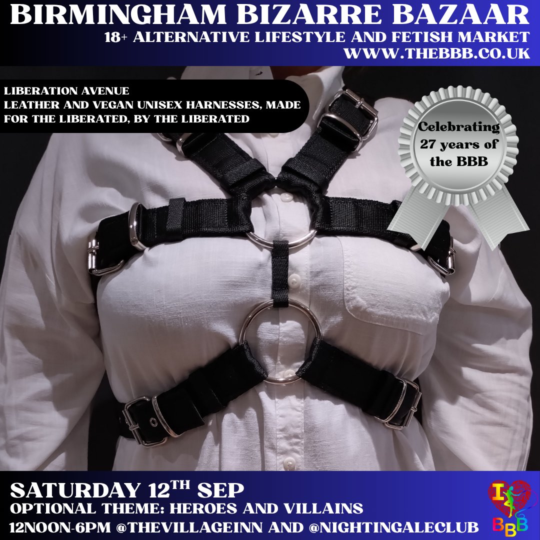 BBBAltFetBazaar's tweet photo. 🖤 September's BBB celebrates 27 YEARS of Birmingham Bizarre Bazaar! Featuring Liberation Avenue
Heroes &amp; Villains • 18+ Fetish &amp; Alternative Market
🗓 Sat 12 Sept | 12–6PM
📍 Village Inn &amp; Nightingale Club, Birmingham
https://t.co/LV63CYapY7
#BBB27  #AltBrum #BrumEvents https://t.co/Yw0RjAITVE