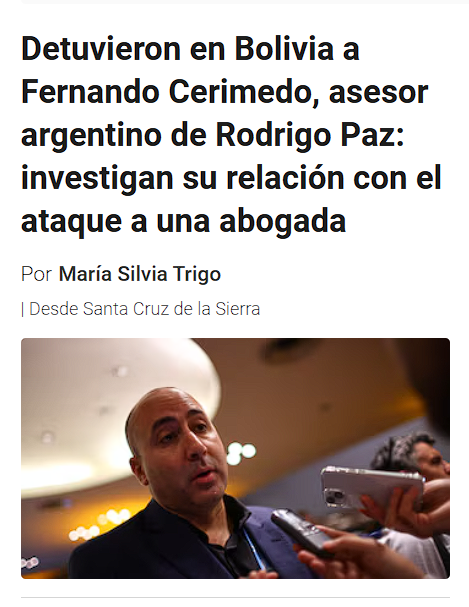 gimenafuertes's tweet photo. Amo que Infobae titula que Cermiedo era "el asesor argentino" del presidente boliviano en lugar de contar que es el cofundador de La Derecha Diario, socio de Negre, y jefe de la campaña digital de Milei en 2023. Sumale investigado en Brasil por promover un golpe de Estado. https://t.co/0sV7s8vOja