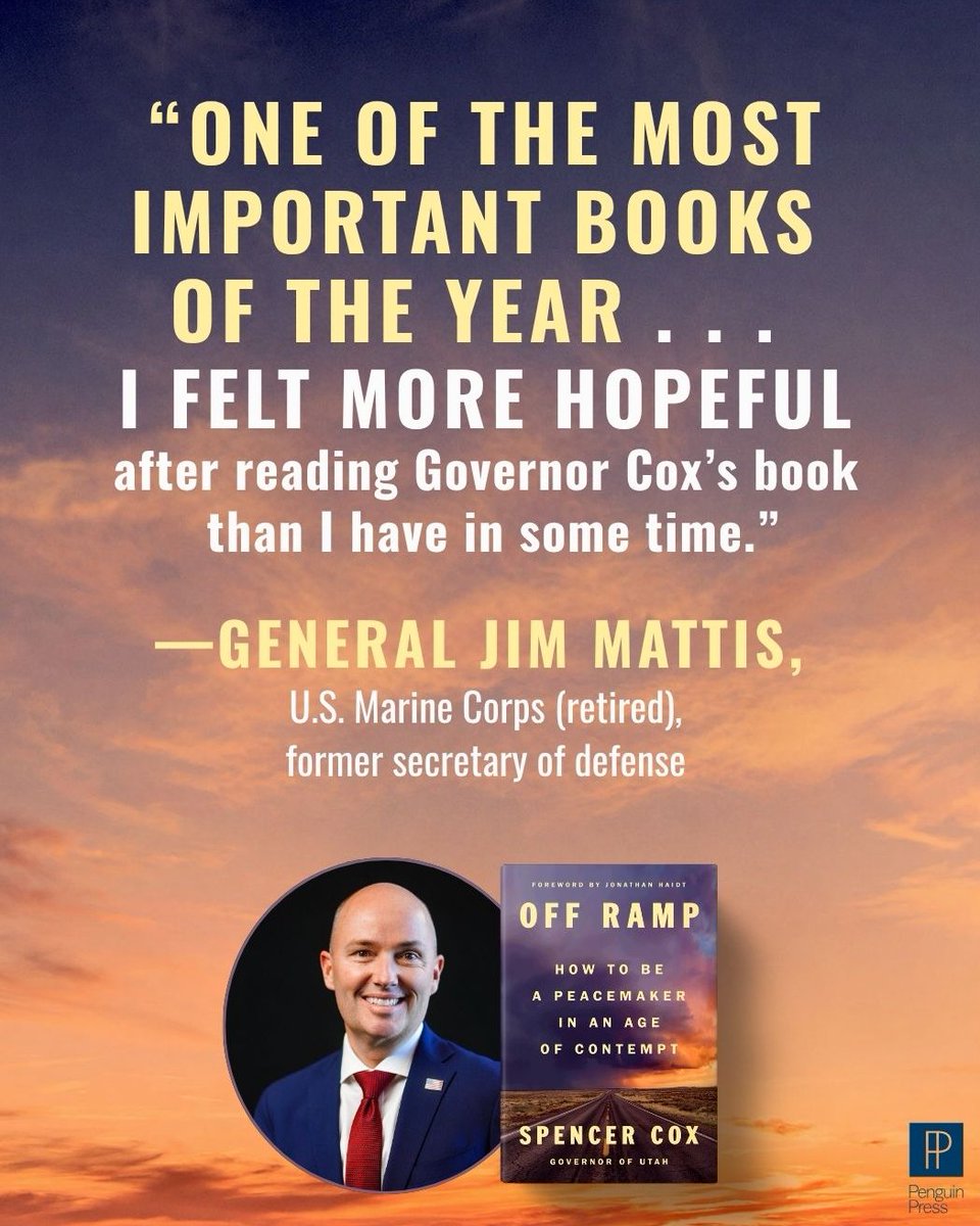 penguinpress's tweet photo. General Jim Mattis calls @SpencerJCox's forthcoming book Off Ramp "one of the most important books of the year." Learn more about this compelling and hopeful blueprint of how to heal our nation: https://t.co/LRfJGYp2hk https://t.co/Jx2YLTPZoj