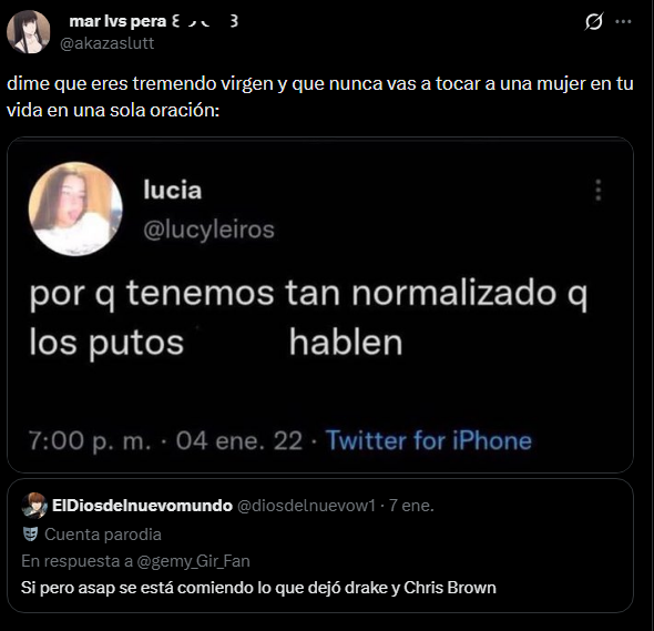 puerti287823's tweet photo. @SantiagoJi1393 @akazaslutt Literalmente se contradice, dice que no hay nada de malo ser virgen y luego 3 segundos despues se la pasa defendiendo usar virgen como insulto. https://t.co/fY6eTGj2a1