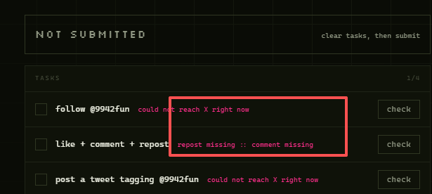 9942fun's tweet photo. if the portal told you a task was missing, it was wrong. verification was down on our side, not yours.

fixed :: refresh https://t.co/KGUvMh1WsW, hit check, you're through.

nothing you completed was lost. https://t.co/mOQmTKgqyt