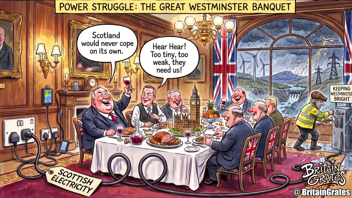 BritainGrates's tweet photo. Scotland: keeping Westminster switched on.

Scotland exported 21.7 TWh of electricity in 2025 and imported just 0.9 TWh - making it a net exporter of 20.8 TWh to the rest of the UK.

In 2024 Scotland generated 18.2% of UK electricity despite accounting for only 9.8% of UK electricity consumption. England generated 70.7% while accounting for 81.2% of consumption. Scotland then transferred around 17.2 TWh south to England.