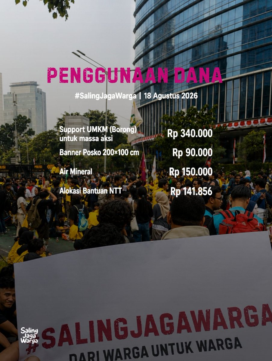 SalingJagaWarga's tweet photo. Terima kasih, Warga.
Karena kalian, hari ini kami bisa hadir mendukung teman-teman UI di lapangan.

Dana yang terkumpul Rp 721.856 sudah sepenuhnya digunakan:
• Borong UMKM untuk massa aksi
• Banner posko
• Air mineral
• Sisa dana kami alokasikan untuk  donasi NTT

Semua terserap.
Dari warga, untuk warga.
🩷🩷🩷

#SalingJagaWarga