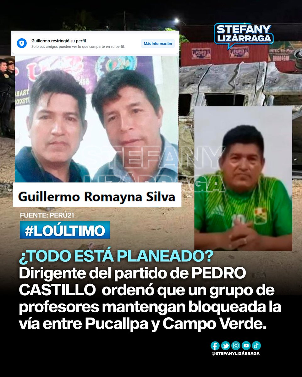 StefLizarraga's tweet photo. ¿TODO ESTÁ PLANEADO? Destapan que dirigente de Pedro Castillo ordenó bloqueo de carreteras en Ucayali

¡Nuevas evidencias desbaratan el relato de protestas espontáneas! Una reciente investigación revela la coordinación directa de dirigentes vinculados al partido de Pedro Castillo para mantener bloqueada la carretera entre Pucallpa y Campo Verde, utilizando a grupos del magisterio para paralizar el tránsito y perjudicar a la población en la región Ucayali. 
La información expone cómo se impartieron directivas expresas para sostener el cierre de vías y generar desabastecimiento, dejando en evidencia una aparente estrategia política orientada a desestabilizar la región y presionar al país mediante medidas de fuerza que atentan contra el libre tránsito y el trabajo de miles de peruanos. 

👇 ¡Déjanos tu opinión en los comentarios y comparte esta publicación! 👇

#Ucayali #PedroCastillo #BloqueoDeVias #OrdenPublico #SeguridadNacional #PoliticaPeruana #NoticiasPeru #Lima2026