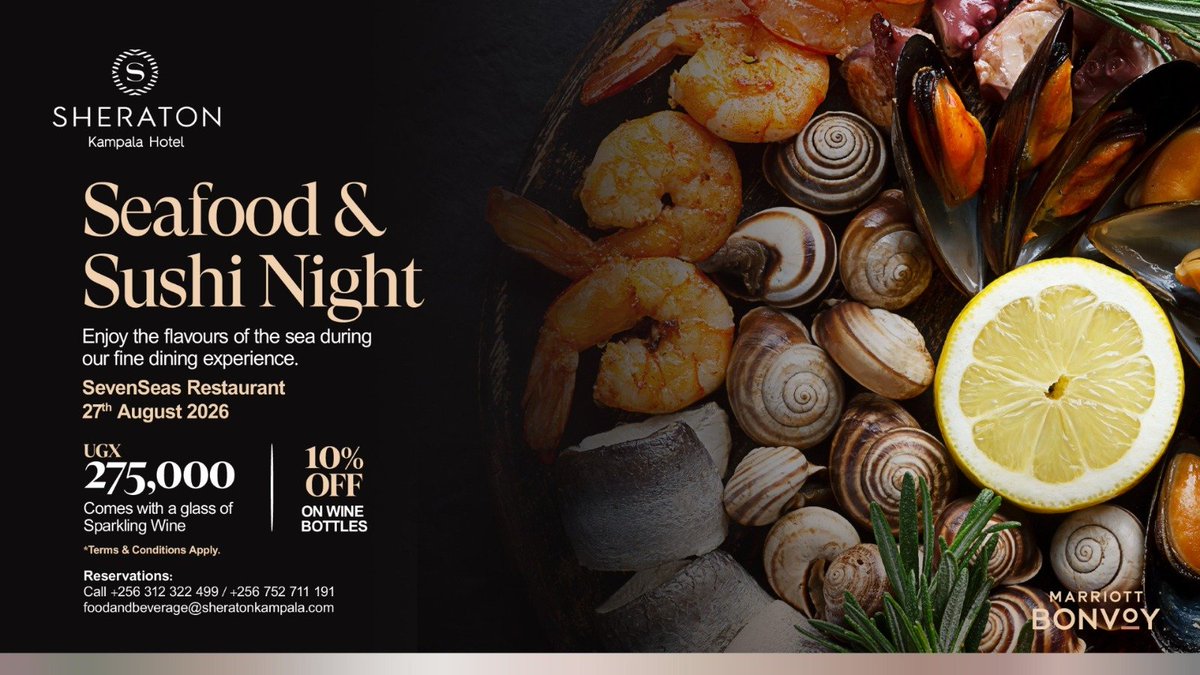 SheratonKla's tweet photo. Your table is waiting.🍣

Join us at SevenSeas Restaurant on 30th July for an unforgettable Seafood & Sushi Night. Fresh flavours, fine dining, and an experience worth every bite. 

For reservations Call +256 312 322 499 / +256 752 711 191 Or Email foodandbeverage@sheratonkampala.com
#SeafoodNight #SushiNight #Shеrаtonkampalahotel